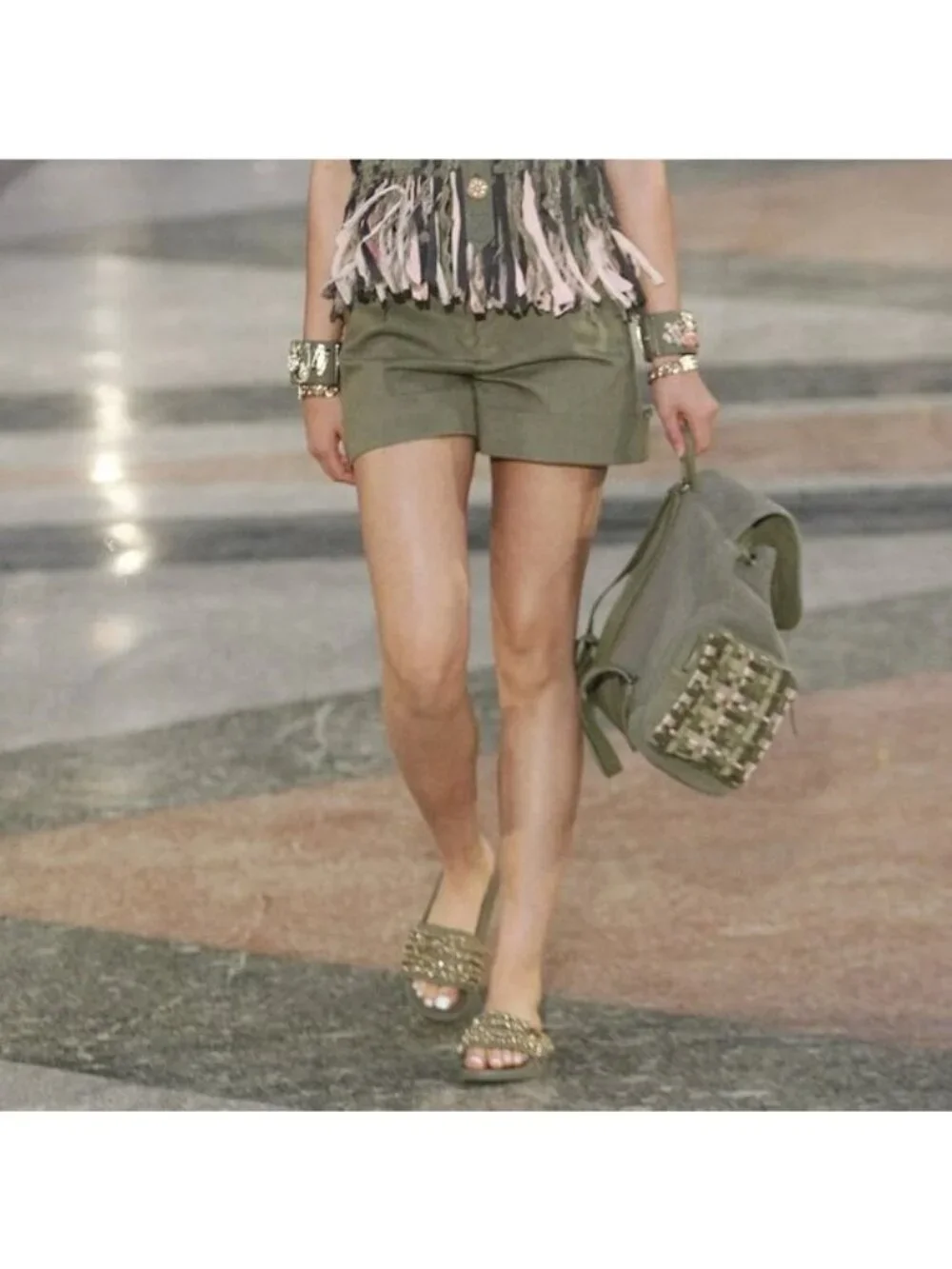 CHANEL RESORT 17 Chain Slide Mule Army Gold Sandals Dangle CC Logo Leather Sanda